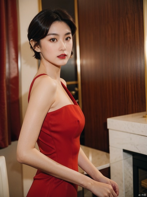  1girl, short hair, brown hair, solo, dress, brown eyes, looking at viewer, holding, red dress, parted lips, bare shoulders, indoors, lips, upper body, sleeveless
