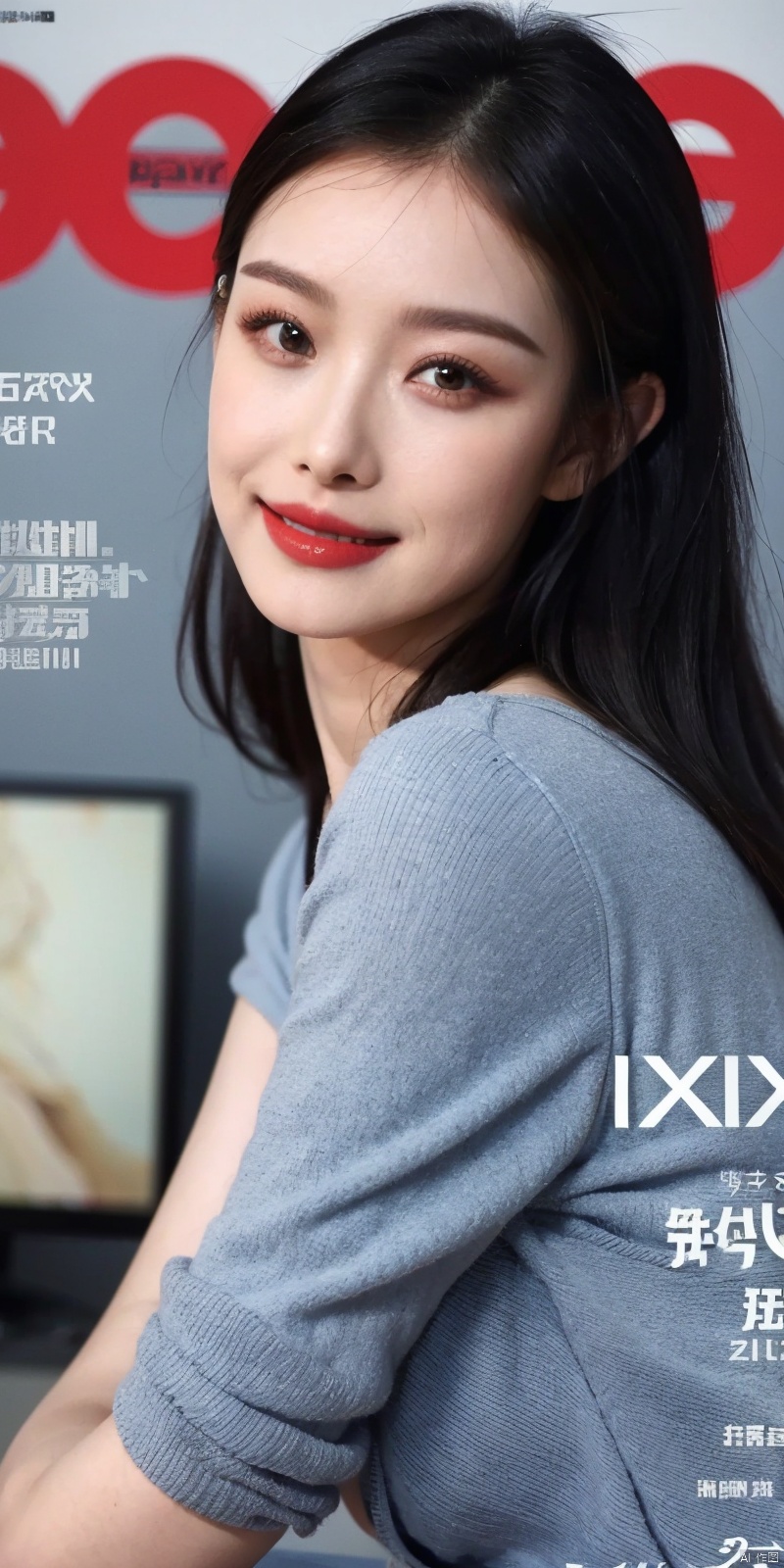  80sDBA style, fashion, (magazine: 1.3), (cover style: 1.3),Best quality, masterpiece, high-resolution, 4K, 1 girl, smile, exquisite makeup,shirt,jean,jacket , lace, tv,boombox
,, , ,long_hair
