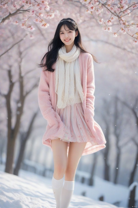  1 girl,Transparent skirt,pink face,stockings,(snow:1.2),(snowing:1.2),peach blossom,snow,solo,scarf,black hair,smile,long hair,bokeh,realistic,long coat,blurry, captivating gaze, embellished clothing, natural light, shallow depth of field, romantic setting, dreamy pastel color palette, whimsical details, captured on film,. (Original Photo, Best Quality), (Realistic, Photorealistic: 1.3), Clean, Masterpiece, Fine Detail, Masterpiece, Ultra Detailed, High Resolution, (Best Illustration), (Best Shadows), Complex, Bright light, modern clothing, (pastoral: 1.3), smiling,standing,(very very short skirt:1.5),knee socks,(white shoes: 1.4),long legs, forest, grassland,(view: 1.3), 21yo girl, striped, wangyushan, capricornus, 1girl, light master