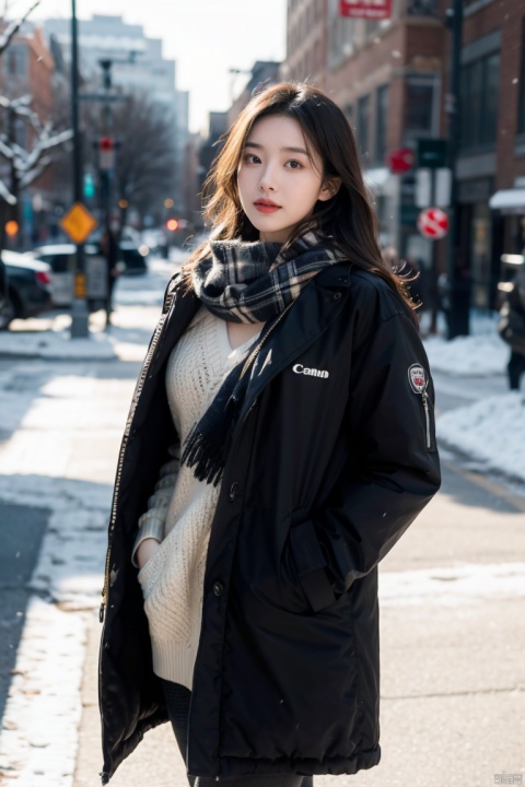  1girl,long hair, Winter clothing, college style,plaid skirt,full body,thick coat, cotton-padded jacket, plaid scarf, on the way home, snow, snow,outdoor,Master lens, golden ratio composition, (Canon 200mm f2.8L) shooting, large aperture, background blur., chinese woman,sunlight., plns, 1 girl