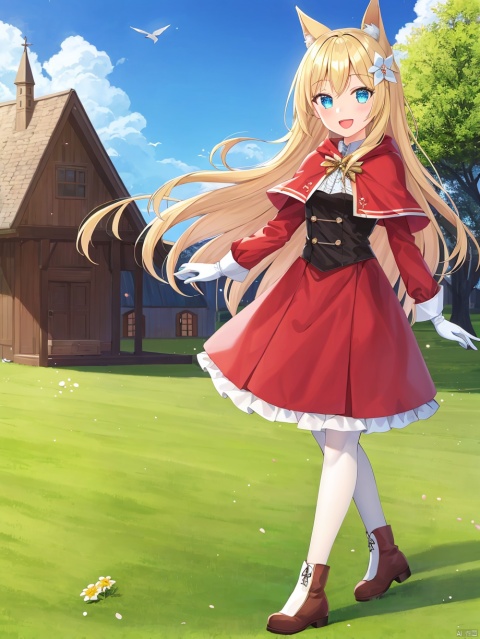  1girl, solo, outdoors, animal_ears, hair_ornament, long_hair, blue_eyes, blonde_hair, gloves, flower, black_gloves, grass, looking_at_viewer, full_body, cloud, dress, smile, sky, tree, hair_flower, long_sleeves, standing, day, open_mouth, white_flower, bangs, capelet, house, red_dress, boots, :d, white_footwear, blush, pantyhose, bird, building, blue_sky, white_pantyhose