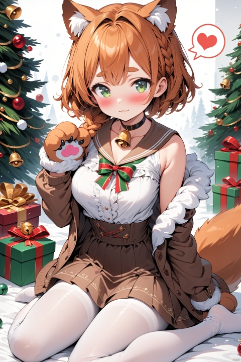  (masterpiece),(best quality),illustration,ultra detailed,hdr,Depth of field,(colorful),1girl, pantyhose, white pantyhose, animal ears, solo, gift, green eyes, bell, fur trim, white background, braid, breasts, sitting, no shoes, gift box, food, blush, frills, tail, looking at viewer, brown jacket, off shoulder, orange hair, thick eyebrows, box, simple background, heart, gloves, choker, jacket, closed mouth, neck bell, dress, sailor collar, brown skirt, medium breasts, brown sailor collar, long sleeves, short hair, bow, christmas, bare shoulders, brown dress, skirt, wariza, animal hands, candy, open clothes, full body, black choker, shirt, high-waist skirt, jingle bell, :3, hair intakes, spoken heart, white shirt, , , , , tr mini style, 3DIP,8k
