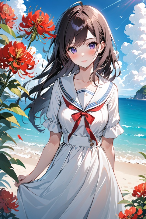  1girl, solo, dress, flower, long_hair, looking_at_viewer, white_dress, bangs, ahoge, short_sleeves, outdoors, closed_mouth, hair_between_eyes, sky, spider_lily, breasts, ribbon, pink_hair, purple_eyes, day, medium_breasts, sailor_dress, cloud, blue_sky, sailor_collar, blurry_foreground, red_flower, blurry, blush, hair_ribbon, bug, jiqing, babata, maolilan, (\MBTI\),maolilan,1girl,long hair,breasts,looking at viewer,smile,blue eyes,brown hair,dress,medium breasts,collarbone,outdoors,sky,cloud,dark skin,water,white dress,blue sky,sleeveless dress,ocean,beach,sand,sun,sundress
, 1 girl, (\shen ming shao nv\), Anne Hathaway, tr mini style