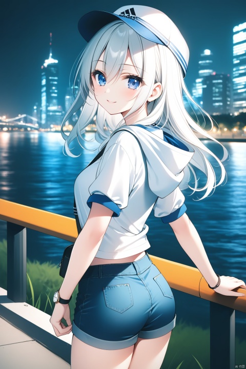  1girl, solo,
blue eyes, white hair, (long hair), hair between eyes, medium breasts, 
white_blouse, open_track_jacket, hood_down, adidas, denim_shorts, fisherman hat, shoulder_bag, watch, leaning against fence, 
looking at viewer, light smile, looking back,
blurry background, river, cityscape,
masterpiece,bestquality,[Artist miwano rag],[Artist toosaka asagi],[Artist wlop],[iumu], omochi_monaka, tr mini style, 3DIP