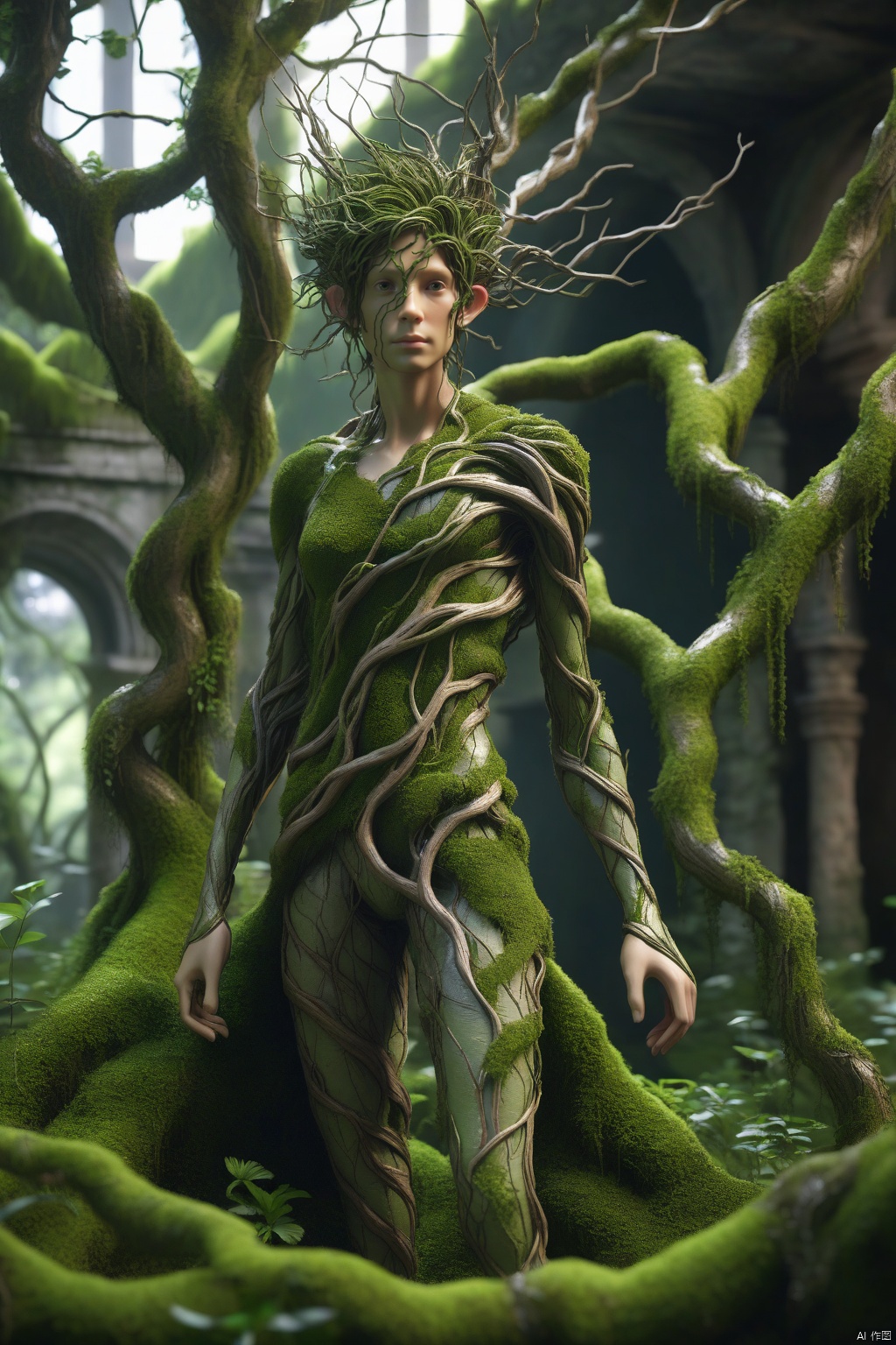  Bioengineered tree-human hybrid,looking at viewer,entwined branches for hair,bark skin,foliage sprouting from body,standing in an overgrown ruins,with moss and vines,ultra realistic,high resolution,depth of field,aesthetic,product introduction photo,