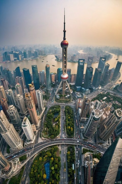  shanghai, city view, water, Ultra wide angle, (masterpiece, best quality, perfect composition, very aesthetic, absurdres, ultra-detailed, intricate details, Professional, official art, Representative work:1.3)