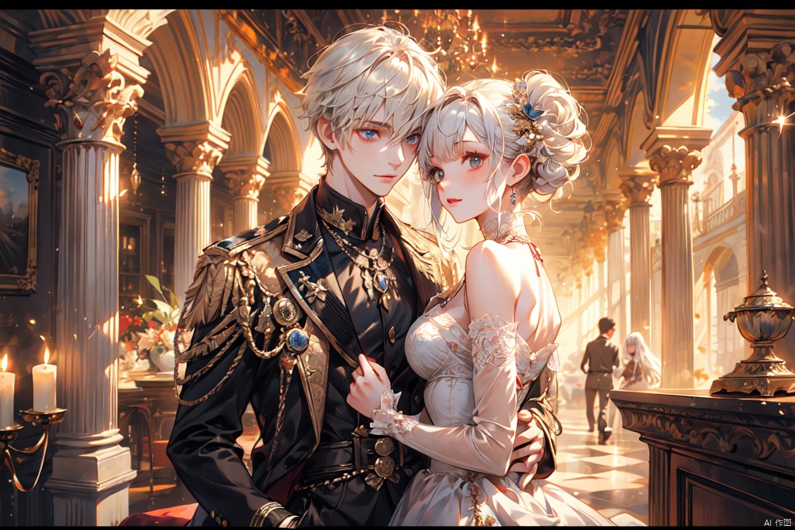  In a European-style castle,A boy and a girl in close proximity, physical contact,Face the camera,white hair,