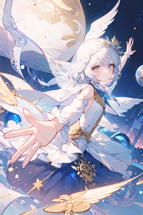  {{{masterpiece}}}, {{{best quality}}}, {{ultra-detailed}}, {illustration}, {{an extremely delicate and beautiful}},(1girl),(((planet))), silver hair, , ((gold eyes)),spread arms,outstretched hand,veil,glowing wings,bored,petite