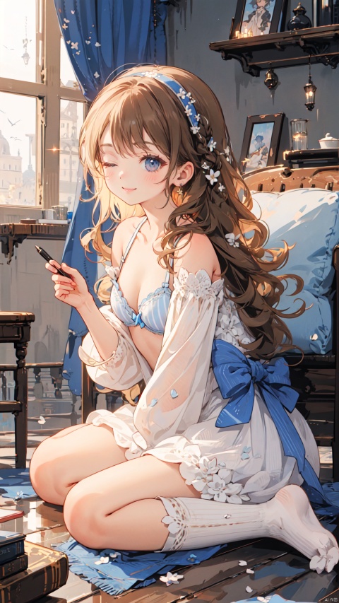  1girl, solo, long_hair, breasts, blush, bangs, simple_background, hair_ornament, long_sleeves, white_background, bow, cleavage, brown_eyes, sitting, very_long_hair, collarbone, full_body, white_shirt, hair_bow, hairband, small_breasts, one_eye_closed, socks, hairclip, striped, collared_shirt, hand_up, bra, cup, sleeves_past_wrists, pillow, book, dress_shirt, blue_bow, wariza, no_shoes, phone, stuffed_toy, light_brown_hair, stuffed_animal, cellphone, smartphone, teacup, teddy_bear, wooden_floor, open_book, pen, tea, blue_hairband, earphones, earbuds, striped_socks, rug, ruler, backlight, white pantyhose, colors, (\shen ming shao nv\)
