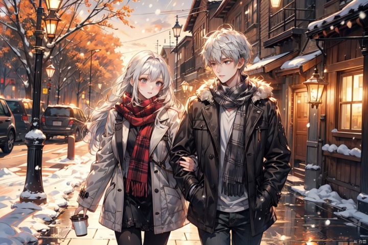 A boy and a girl, walking in the street, coffee in hand, winter, snow, sunshine, warm, warm colors, furry clothes, scarves,Bust shot,Dusk,white hair