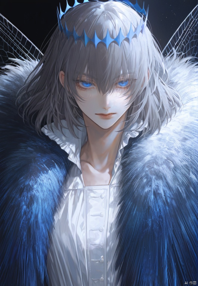  (best quality), ((masterpiece)), (highres), illustration, original, extremely detailed,oberon \(fate\), 1boy, male focus, bug, solo, blue eyes, butterfly, shirt, crown, insect wings, looking at viewer, white shirt, bangs, cape, fur trim, upper body, medium hair, collared shirt, closed mouth, grey hair, blue butterfly, official alternate costume, black background, fur-trimmed cape, expressionless, wings