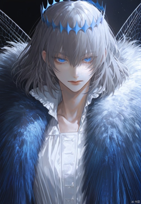  (best quality), ((masterpiece)), (highres), illustration, original, extremely detailed,oberon \(fate\), 1boy, male focus, bug, solo, blue eyes, butterfly, shirt, crown, insect wings, looking at viewer, white shirt, bangs, cape, fur trim, upper body, medium hair, collared shirt, closed mouth, grey hair, blue butterfly, official alternate costume, black background, fur-trimmed cape, expressionless, wings