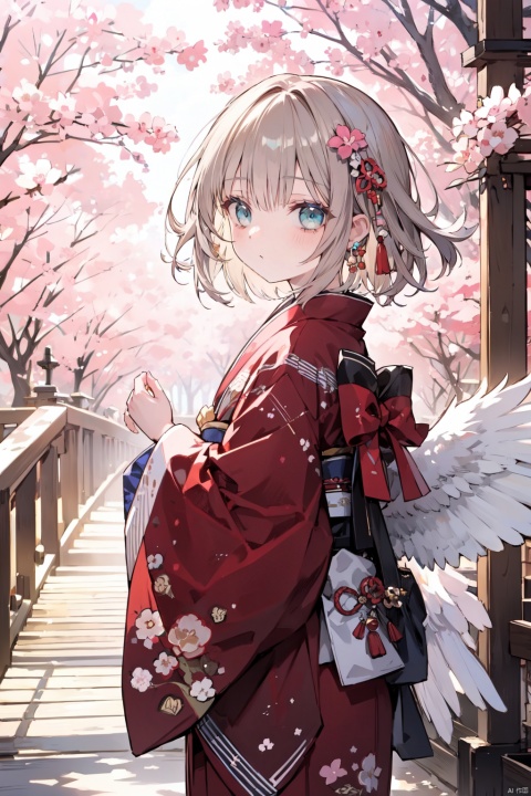  1girl, bangs, brown_hair, eyebrows_visible_through_hair, feathered_wings, green_eyes, japanese_clothes, kimono, kinomoto_sakura, long_sleeves, looking_at_viewer, open_mouth, outdoors, short_hair, smile, standing, white_wings, wide_sleeves, wings