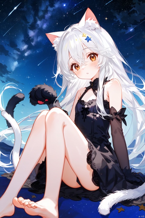  1girl, solo, animal ears, tail, cat ears, long hair, white hair, dress, barefoot, cat tail, black dress, gloves, blush, cat girl, sky, very long hair, star (sky), starry sky, sleeveless, bangs, hair between eyes, sitting, sleeveless dress, black gloves, looking at viewer, animal ear fluff, bare shoulders, parted lips, night sky, night, animal hands, knees up, frills, brown eyes, dutch angle, bare legs, paw gloves, tail raised, :o ,backlight