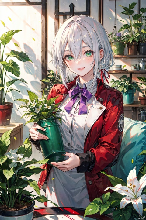  1girl, bangs, white_hair, bouquet, breasts, flower, flower_pot, green_eyes, hair_between_eyes, holding, holding_flower, indoors,  long_hair, looking_at_viewer, plant, potted_plant, purple_flower, red_jacket, ribbon, smile, solo, vase, watering_can