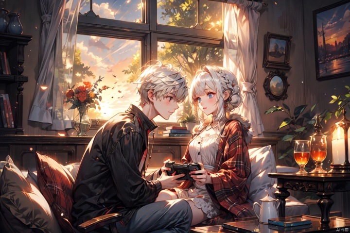  Facing the camera head-on, a girl and a boy playing video games together, homewear, homey,Warm colors, sunset, sunshine,white hair,French window,Modern home