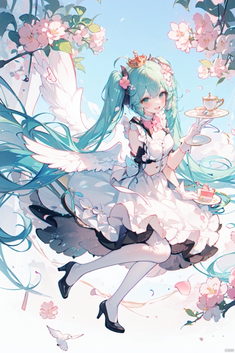  crown, hatsune miku, dress, musical note, long hair, flower, mini crown, twintails, gloves, solo, very long hair, cup, holding, bird, food, smile, white dress, white gloves, wings, hair flower, cake, white footwear, hair ornament, open mouth, thighhighs, teacup, white thighhighs, candle, bow, high heels, eighth note, pink flower, saucer, :d, full body, feathered wings, looking at viewer, fork, bangs, plate, frilled dress, frills, ahoge, blush, dove, green eyes, shoes, spoon, wand, braid,Top view