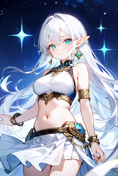  1girl, solo, long hair, breasts, looking at viewer, skirt, navel, jewelry, green eyes, white hair, earrings, pointy ears, midriff, white skirt, gem, armlet