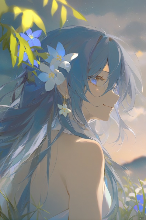  masterpiece, best quality ,1girl, solo, flower, blue hair, hair flower, bare shoulders, white background, blurry, blue flower, hair ornament, bangs, closed mouth, long hair, smile, simple background, depth of field, jewelry, sleeveless, upper body, earrings, blue eyes, eyelashes, yellow flower, white flower, dress, hair between eyes ,scenery, sky, outdoors, tree, flower, star (sky), night, starry sky, night sky, grass, solo, cloud, standing, baiwe7033 style