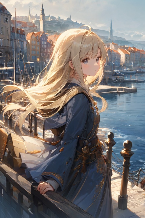  1girl,harbor,European town,wind,masterpiece,best quality,very aesthetic,extremely detailed,light hair