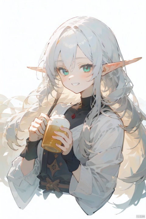  (masterpiece, best quality, highres:1.3), ultra resolution image, niji, sketch, manga, 1girl, upper body, holding_cup, beer, cafe, grin, very_long_hair, elf, pale_skin, pirates,white hair