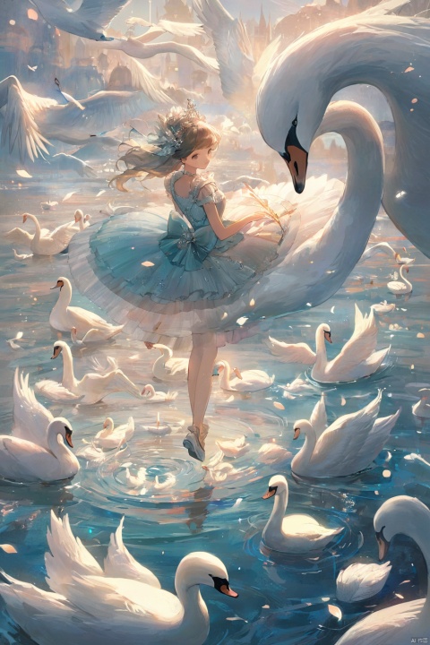  1girl,masterpiece,very aesthetic,tutu,Swans, feathers,