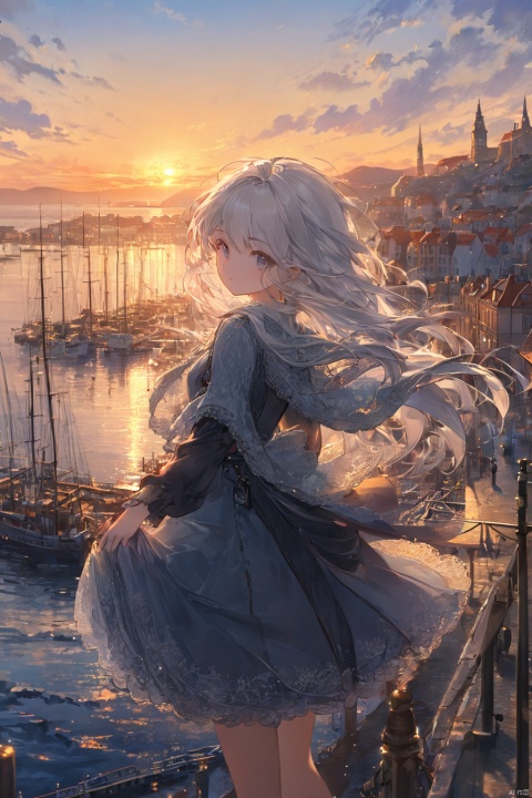  1girl,harbor,European town,wind,masterpiece,best quality,very aesthetic,extremely detailed,white hair,Cool clothes,short dress,lace trim,Early morning, sunrise