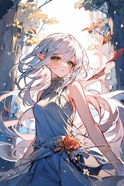  (((masterpiece))), (((best quality))), ((ultra-detailed)), (illustration), ((an extremely delicate and beautiful)),dynamic angle,floating, (beautiful detailed eyes), (detailed light) (1girl), loli, small_breasts, floating_hair,  glowing eyes, pointy_ears, white hair, green eyes,halter dress, feather, leaves, nature, (sunlight), river, (forest),(painting),(sketch),(bloom), (\MBTI\), (\shen ming shao nv\), mpaidui, jiqing
