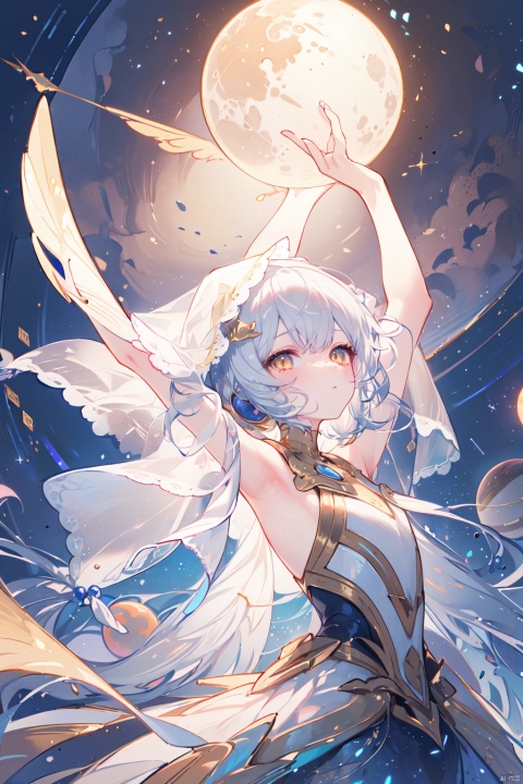  {{{masterpiece}}}, {{{best quality}}}, {{ultra-detailed}}, {illustration}, {{an extremely delicate and beautiful}},(1girl),(((planet))), silver hair, , ((gold eyes)),spread arms,outstretched hand,veil,glowing wings,bored,petite