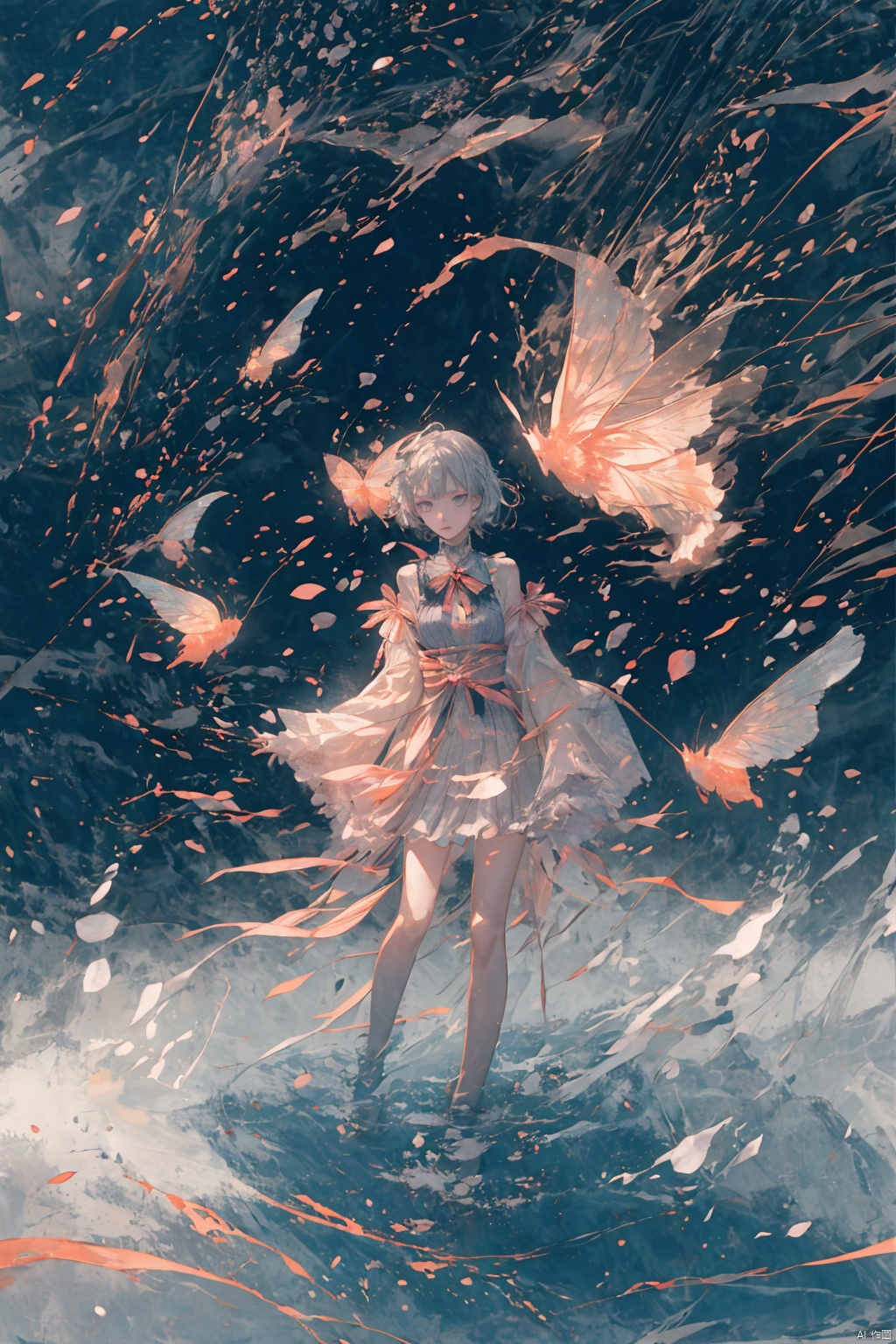  (masterpiece, best quality:1.2), illustration, absurdres, highres, extremely detailed, 1 girl, white short hair, eye highlights, dress, short puffy sleeves, frills, outdoors, flower, fluttering petals, full body, depth of field,chromatic aberration abuse,pastel color, Depth of field,garden of the sun,shiny,flowers, garden, 1girl, butterfly style, butterflies, ultra detailed, glary,Light, light particles,glitter,reflect,Put one hand on your chest,C4D,3D,bright,outdoors,gifts,candys,More details,flower ocean,winter,snowflakes,splashing water,falling petals,beautiful and delicate water,((beautiful eyes)),very delicate light,perfect and delicate limbs,nature,painting,water spray,fine luminescence,very fine 8K CG wallpaper,Lavender eyes,pink pupils,whole body,bright eyes,(an extremely delicate and beautiful girl:1.4),big eyes,eye highlights,watery eyes,looking_at_viewer,outdoors,look at the screen,Touching,