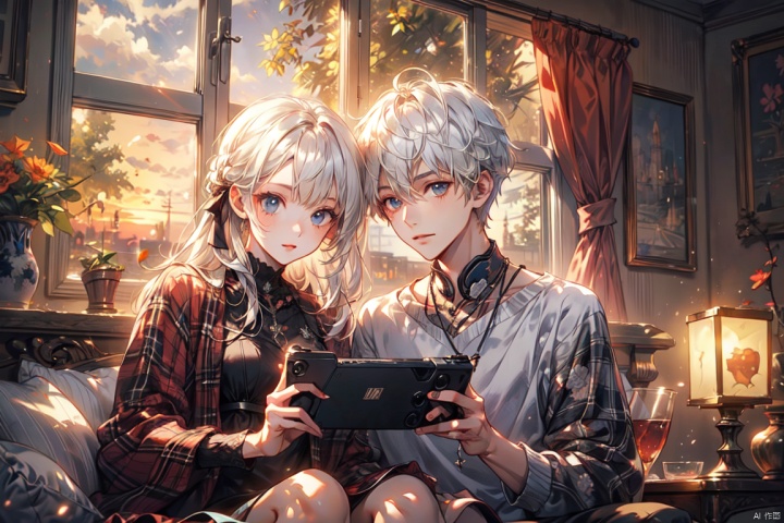  ((Facing the camera head-on)), a girl and a boy playing video games together, homewear, homey,Warm colors, sunset, sunshine,white hair,French window,Modern home