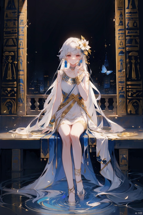  (masterpiece), (best quality), 1girl, classic goddess, flower, butterfly, hair flower, solo, hair ornament, long hair, dress, sitting, water,Aurora butterfly, white hair, white flower, beautiful dress, frills, very long hair, collarbone, soaking feet, sleeveless, looking at viewer, marble column, (closed mouth), night, 1girl,Glow particle, yuyao, mjiaocha, glow, holy marble temple scenes, Egyptian clothing style, aiji