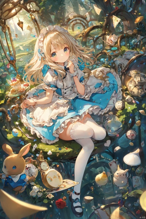  1girl,loli,cute,white silk stockings,masterpiece,best quality,very aesthetic,extremely detailed,Alice in Wonderland