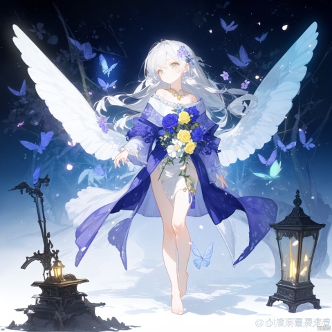  extremely delicate and beautiful,(fantasy),ultra detailed,(extreme detailed illustration),highres,translucent hair, (glowing inner hair),the perfect appearance,(Elk horn on head:1.15),white hair,[blue eyes | yellow eyes],(barefoot sandals:1.25),(forest:1.2),(lace-trimmed dress:1.15),(chiaroscuro lighting:1.2),see-through clothes,(profile:0.85),(looking at viewer:1.25),(flower bracelet),elf,short hair,(mature woman),walking,from above, (fairy wings:1.1), 1girl, xinniang,msn,backlight