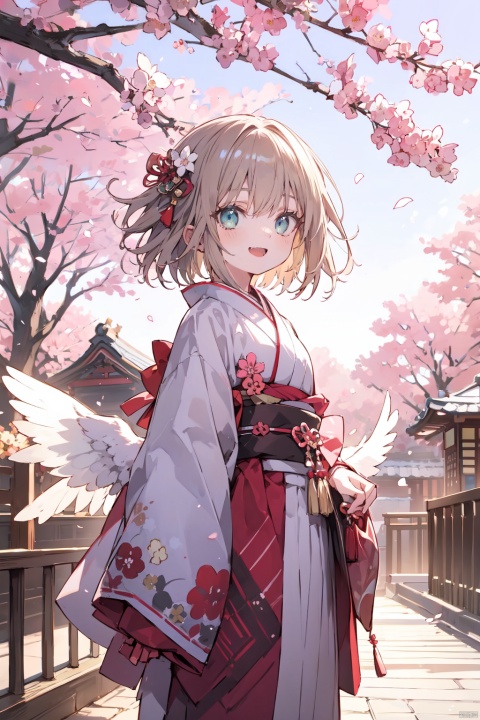 1girl, bangs, brown_hair, eyebrows_visible_through_hair, feathered_wings, green_eyes, japanese_clothes, kimono, kinomoto_sakura, long_sleeves, looking_at_viewer, open_mouth, outdoors, short_hair, smile, standing, white_wings, wide_sleeves, wings