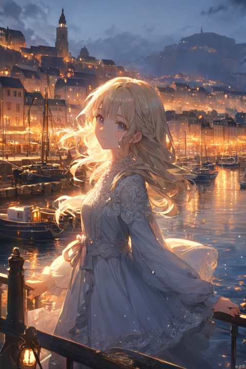 1girl,harbor,European town,wind,masterpiece,best quality,very aesthetic,extremely detailed,light hair,Cool clothes,short dress,Light clothes, lace trim
