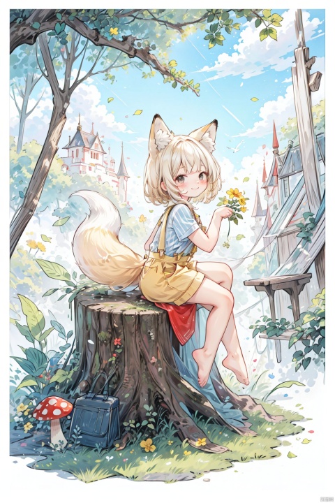  tongxin, striped shirt, striped, shirt, outdoors, flower, sitting, furry, short sleeves, fox, bug, hand up, closed mouth, grass, tail, looking at animal, full body, barefoot, fox tail, animal ears, furry male, animal, fox ears, solo, smile, mushroom, overalls, yellow flower, holding, plant, white background, male focus, black eyes, from side, body fur, 1boy, day, holding flower, leaf, simple background, arm at side, butterfly, tree stump, nature, happy, brown fur, animal focus, child, looking to the side, bush, looking up, two-tone fur, red flower, white fur, backlight