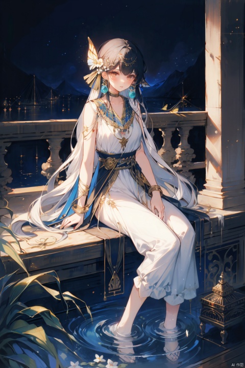  (masterpiece), (best quality), 1girl, classic goddess, flower, butterfly, hair flower, solo, hair ornament, long hair, dress, sitting, water,Aurora butterfly, bluish hair, white flower, beautiful dress, frills, very long hair, collarbone, soaking feet, sleeveless, looking at viewer,  marble column, (closed mouth), night, 1girl,Glow particle, yuyao, mjiaocha, glow, holy marble temple scenes, Egyptian clothing style, aiji