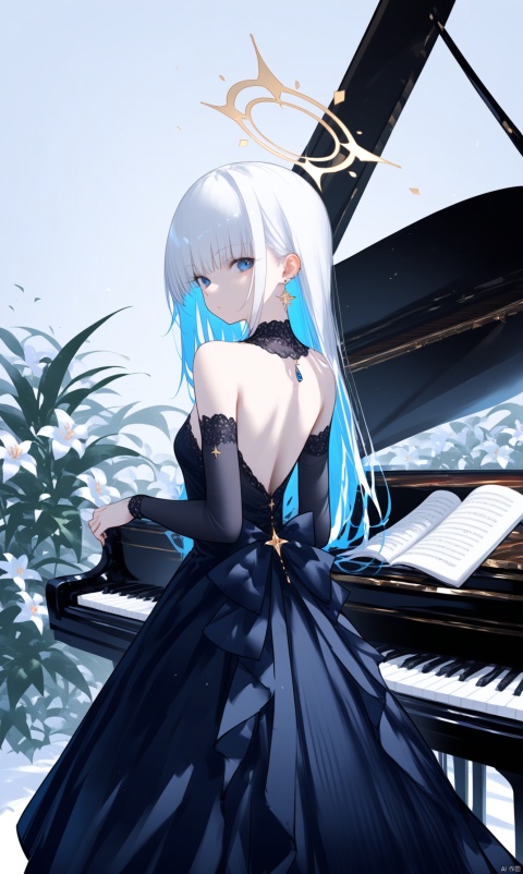  1girl, solo, looking at viewer, bangs, blue eyes, dress, bare shoulders, jewelry, white long hair, flower, earrings, detached sleeves, looking back, from behind, black dress, book, halo, piano