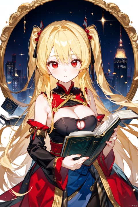  1girl, blonde hair, solo, long hair, konjiki no yami, red eyes, detached sleeves, book, cleavage cutout, very long hair, clothing cutout, holding, two side up