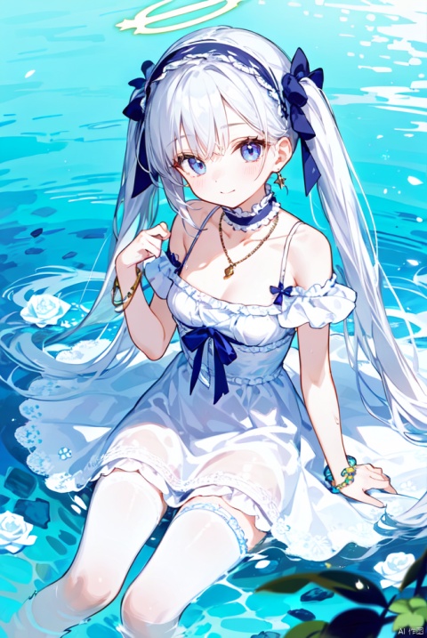  1girl, solo, long hair, looking at viewer, blush, smile, bangs, dress, bare shoulders, twintails, jewelry, very long hair, purple eyes, collarbone, white hair, flower, hairband, frills, choker, water, white dress, bracelet, rose, halo, white flower, armlet, headdress, lolita hairband, thighlet, white rose, frilled hairband, euryale \(fate\)