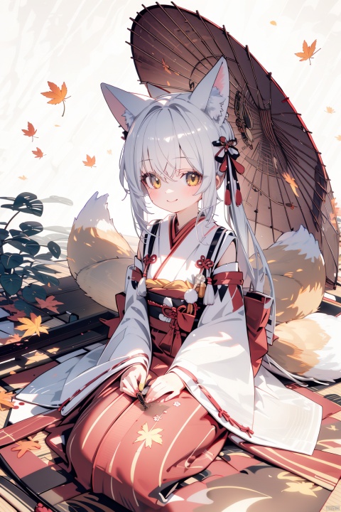  (best quality),(masterpiece),1girl, solo, long hair, umbrella, fox ears, animal ears, sitting, japanese clothes, white hair, looking at viewer, holding, kimono, yellow eyes, smile, leaf, holding umbrella, detached sleeves, hair between eyes, bangs, from above, oil-paper umbrella, fox girl, ribbon, fox tail, wide sleeves, seiza, hair ribbon, maple leaf, tail
