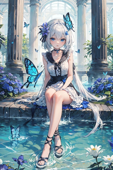  (masterpiece), (best quality), loli,1girl, flower, butterfly, hair flower, solo, hair ornament, blue eyes, long hair, dress, sitting, choker, water, black choker, bangs, pillar, blue butterfly, white hair, white flower, black footwear, black dress, frills, very long hair, frilled dress, collarbone, soaking feet, blue flower, sleeveless, looking at viewer, full body, parted lips, column, closed mouth, sleeveless dress, night, breasts