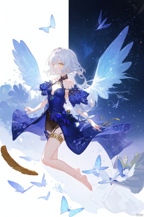  extremely delicate and beautiful,(fantasy),ultra detailed,(extreme detailed illustration),highres,translucent hair, (glowing inner hair),the perfect appearance,(Elk horn on head:1.15),white hair,[blue eyes | yellow eyes],(barefoot sandals:1.25),(forest:1.2),(lace-trimmed dress:1.15),(chiaroscuro lighting:1.2),see-through clothes,(profile:0.85),(looking at viewer:1.25),(flower bracelet),elf,long hair,(mature woman),walking,from above, (fairy wings:1.1), 1girl, xinniang,msn,backlight