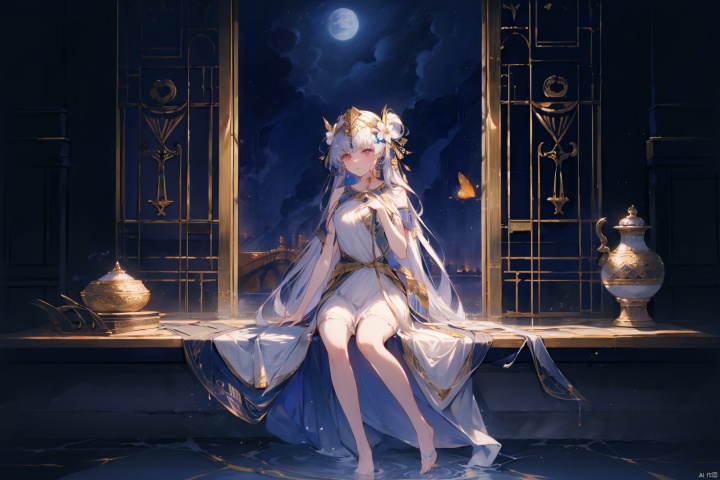  (masterpiece), (best quality), 1girl, classic goddess, flower, butterfly, hair flower, solo, hair ornament, long hair, dress, sitting, water,Aurora butterfly, lilac hair, white flower, (bare foot), beautiful dress, frills, very long hair, collarbone, soaking feet, sleeveless, looking at viewer, full body, marble column, (closed mouth), night, 1girl,Glow particle, yuyao, mjiaocha, glow, holy temple scenes, Egyptian clothing style