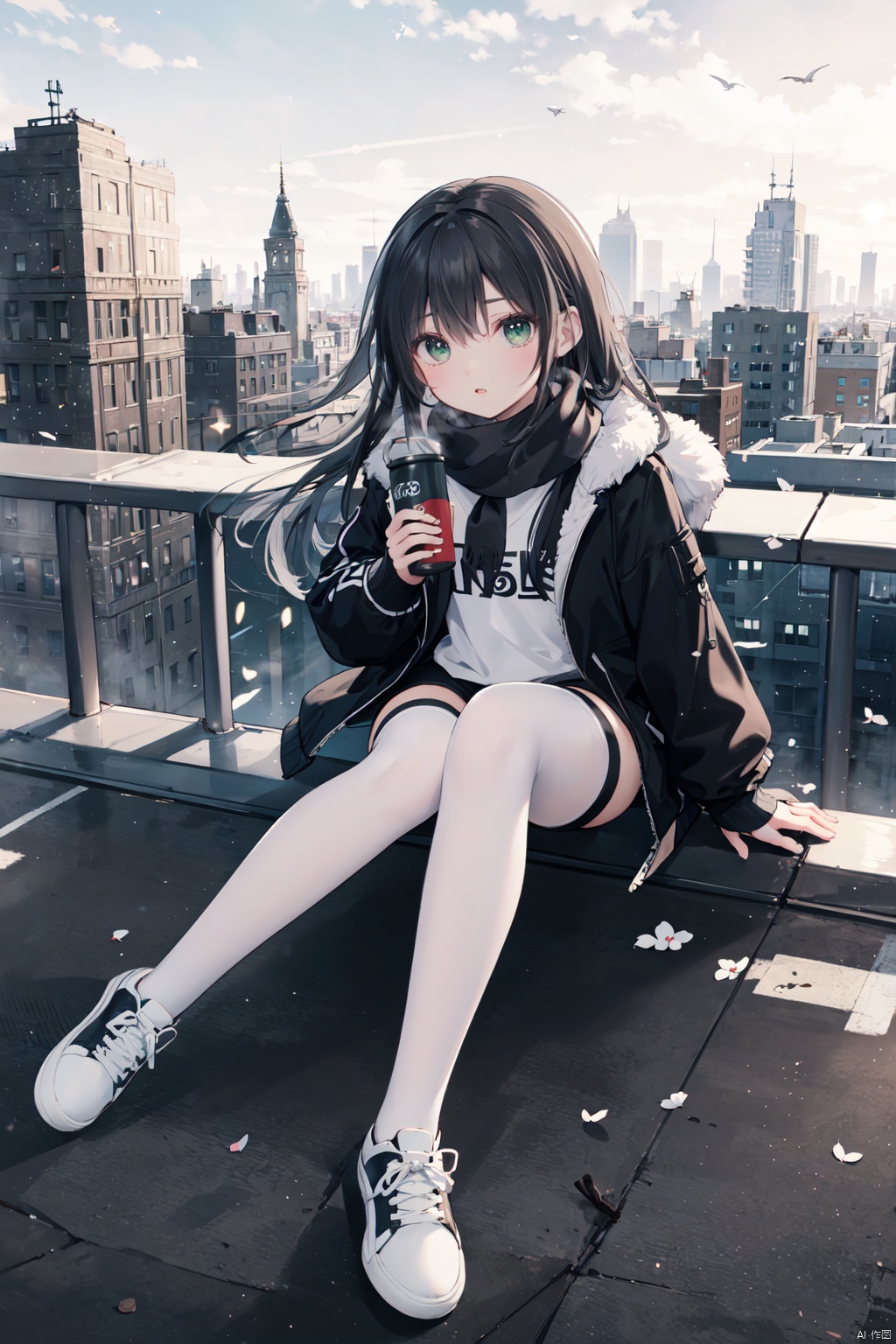  nai3, 1girl, long hair, thighhighs, solo, black hair, white thighhighs, shorts, holding, sitting, green eyes, bird, white footwear, shoes, black shorts, scarf, sneakers, jacket, looking at viewer, outdoors, bangs, long sleeves, shirt, open clothes, full body, short shorts, can, black jacket, sky, holding can, railing, ribbon, black shirt, day, open jacket, parted lips, white ribbon, building, black scarf, crow, cityscape, rooftop