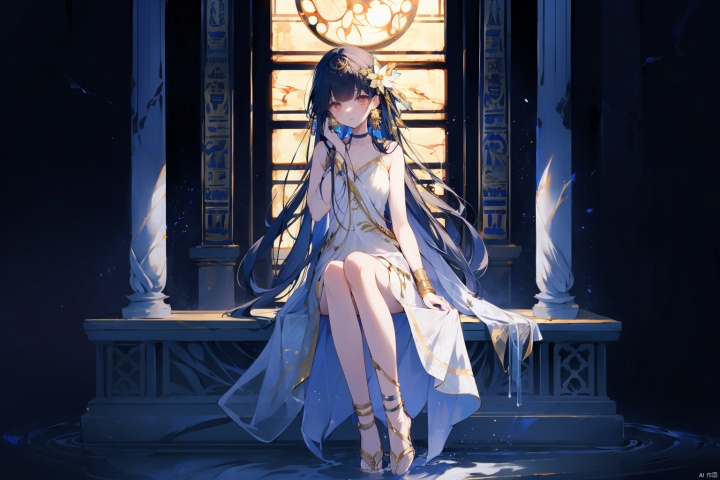  (masterpiece), (best quality), 1girl, classic goddess, flower, butterfly, hair flower, solo, hair ornament, long hair, dress, sitting, water,Aurora butterfly, bluish hair, white flower, beautiful dress, frills, very long hair, collarbone, soaking feet, sleeveless, looking at viewer, full body, marble column, (closed mouth), night, 1girl,Glow particle, yuyao, mjiaocha, glow, holy marble temple scenes, Egyptian clothing style, aiji
