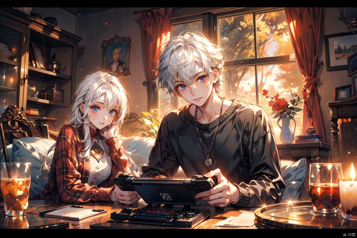 ((Facing the camera head-on)), a girl and a boy playing video games together, homewear, homey,Warm colors, sunset, sunshine,white hair,French window,Modern home