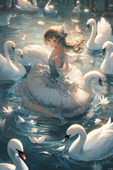  1girl,masterpiece,very aesthetic,tutu,Swans, feathers, wings
