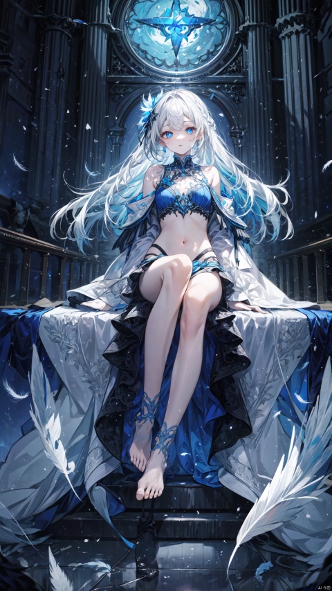  masterpiece, best quality, ((masterpiece)), flat chestbest quality, (highres), solo, flat chest, a girl inside the church with white hair and blue pupil surrounded by (many) glowing (feathers) in cold face, detailed face, night with bright colorful lights whith richly layered clouds and clouded moon in the detailed sky, (a lot of glowing particles),long hair,cool movement, (filigree), delicate and (intricate) hair, ((sliver)) and (broken) body, blue streaked hair, full body, depth of field, sitting on a (blue star), bishoujo,full body,no shoes,foot,